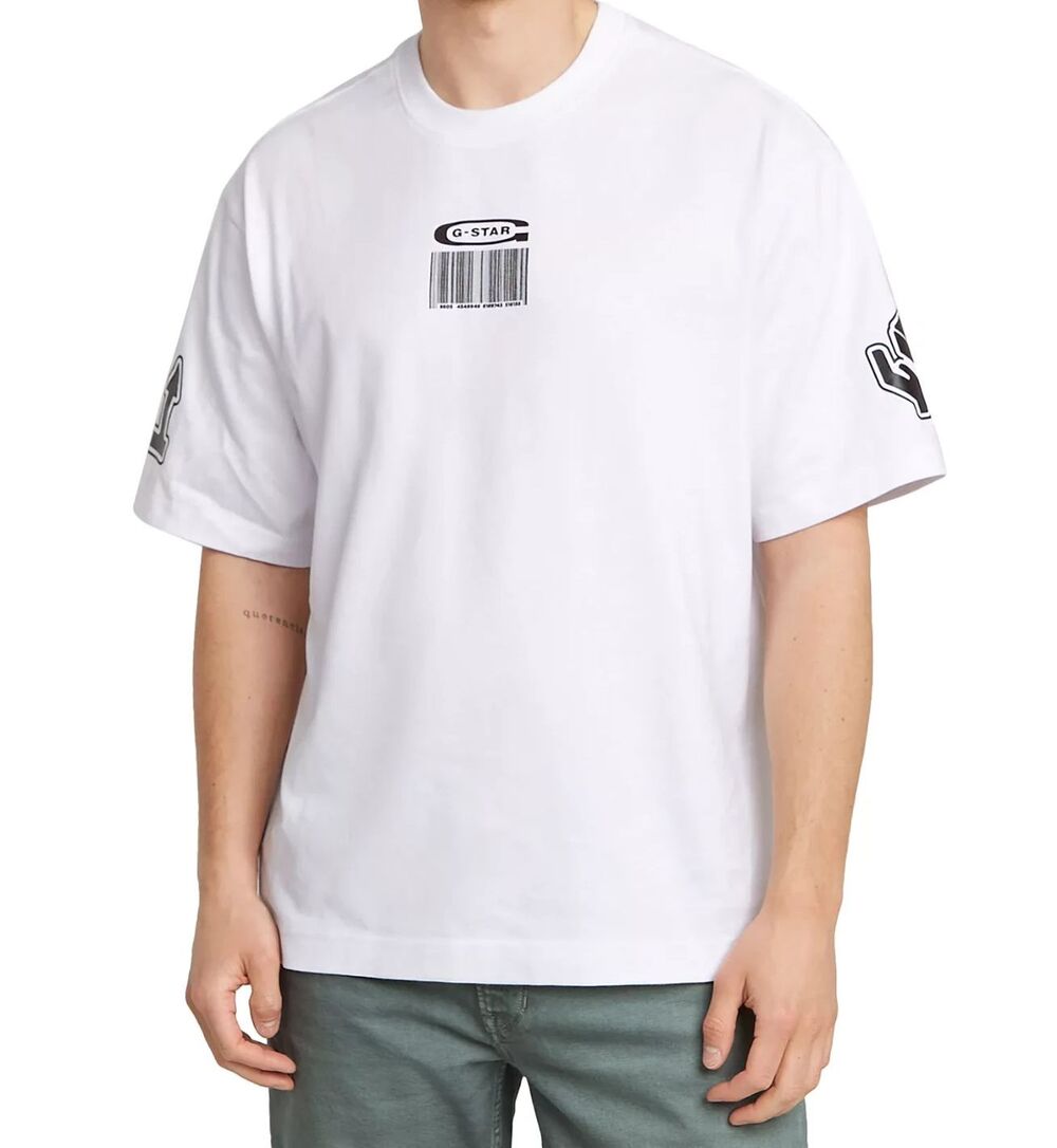 G Star Raw Shirt Mens Large White Pullover Crew Boxy Barcode Graphic T-Shirt Tee